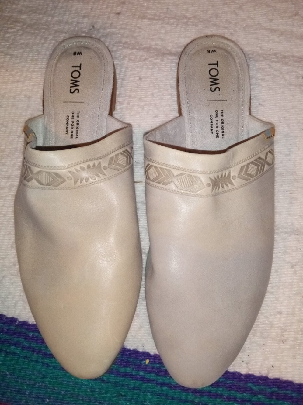 Toms Beige Leather Slip-On Mules with Embossed Trim